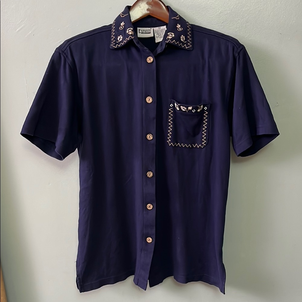 Vintage Blue Cotton Button Down Shirt with Patterned Knit Floral Leaves Accents